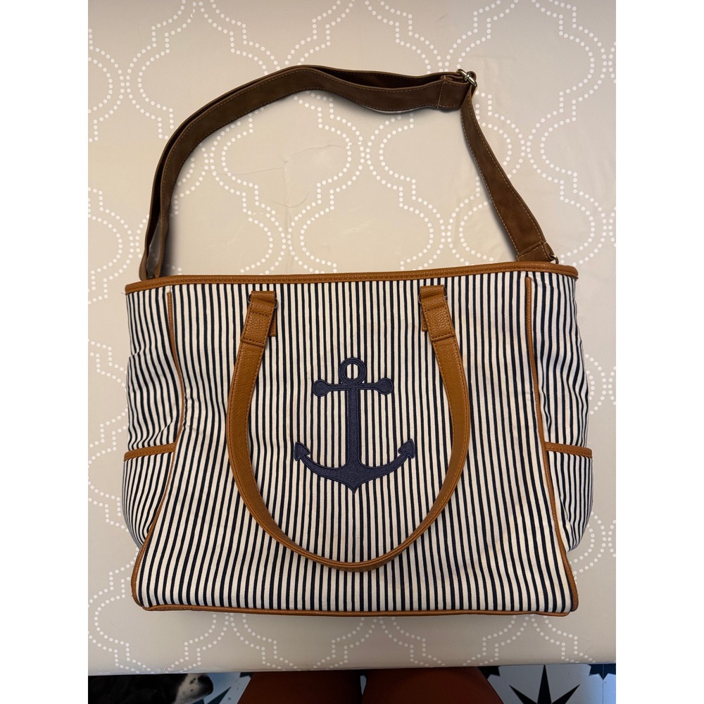 Thirty One Around Town Tote Nautical Anchor Striped Canvas Bag Large - Picture 4 of 15